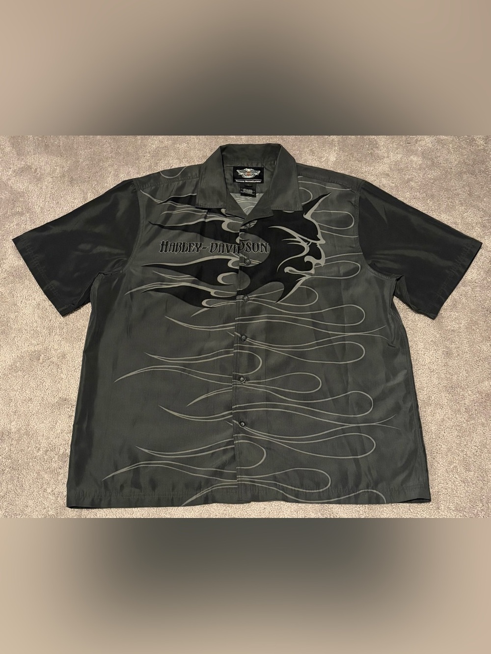 Harley-Davidson Men’s Gray Flame Button Front Short Sleeve Shirt Size XL